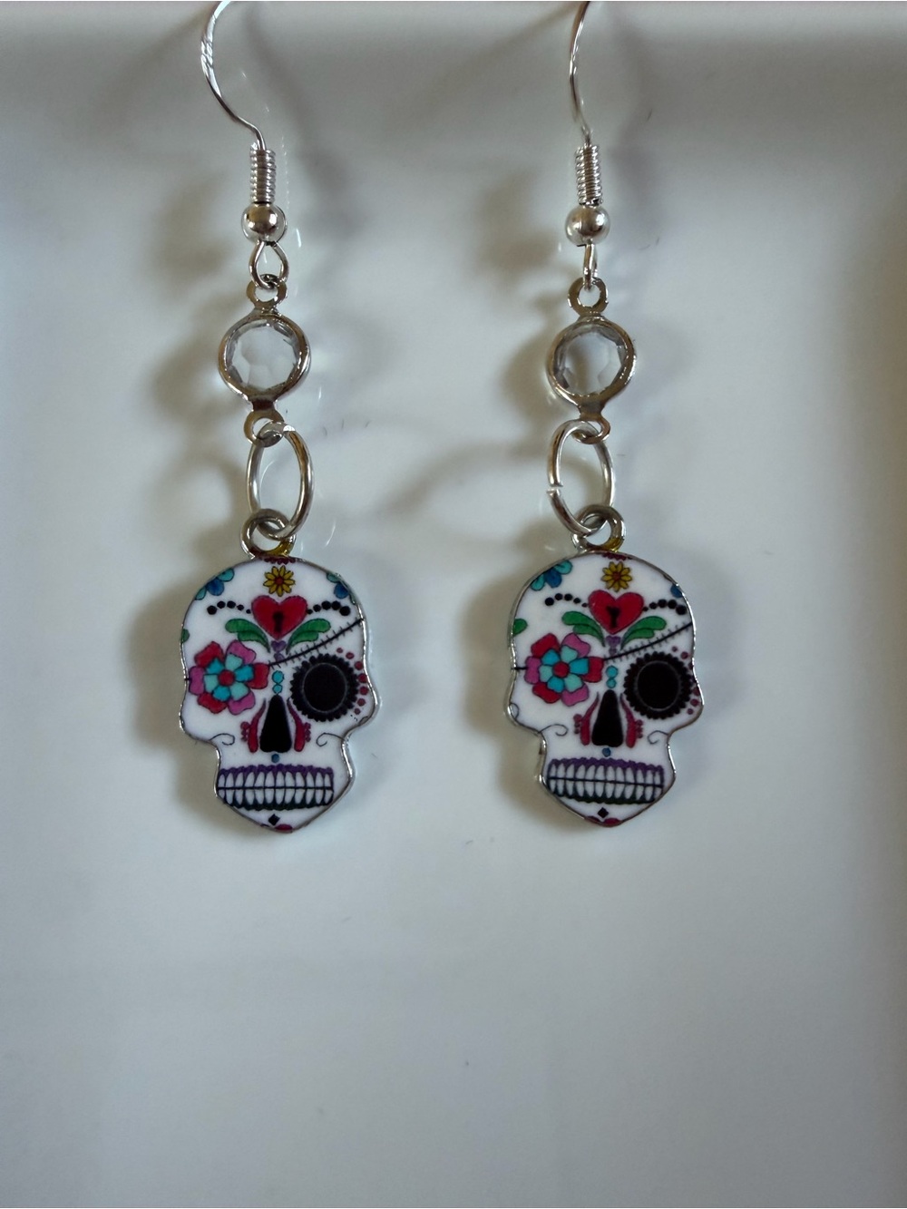Silver Sugar Skull Dangle Earrings with Pink & Turquoise Accents